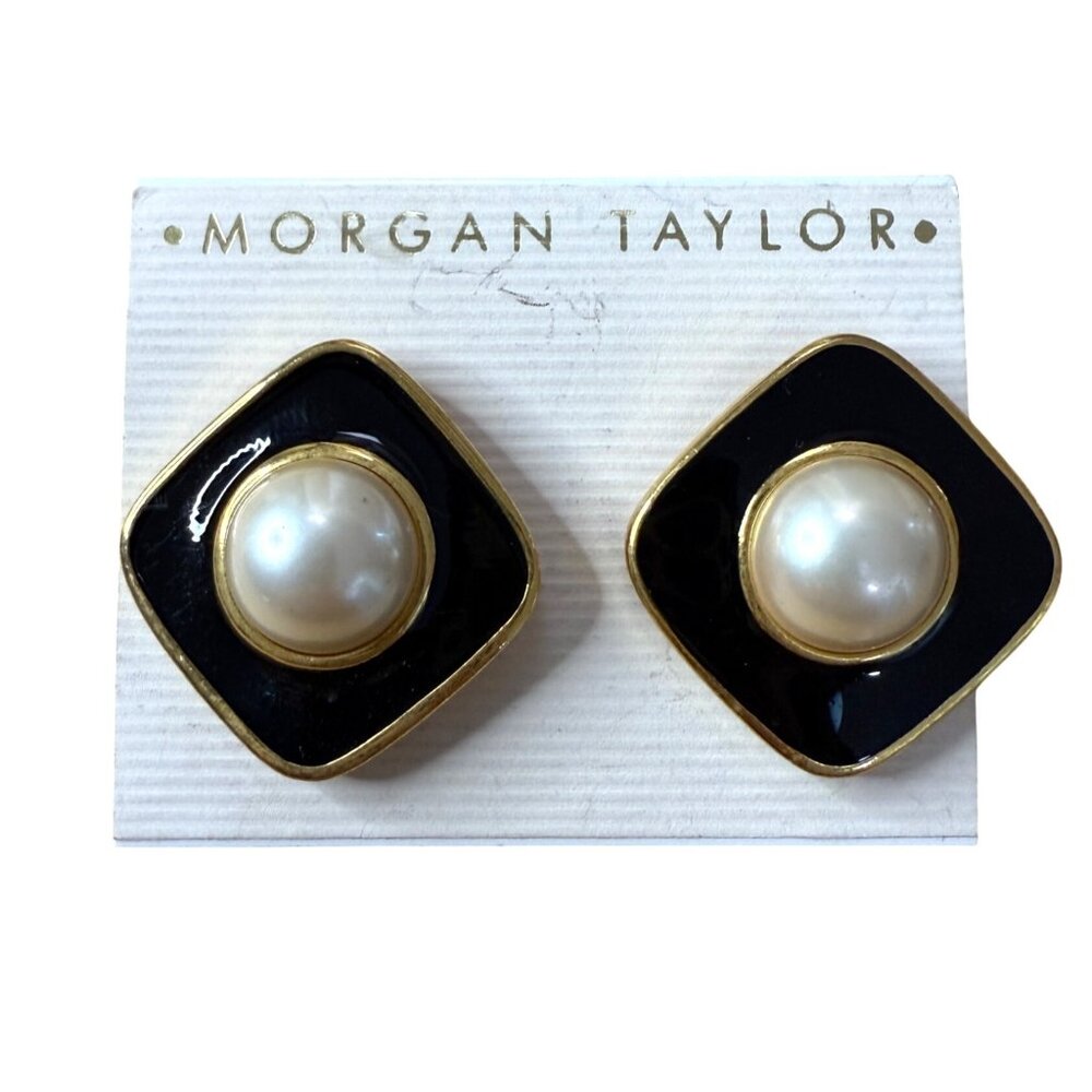 Morgan Taylor Gold-Tone Black Enamel & Faux Pearl Square Pierced Earrings Made I